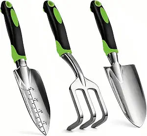 Gardening Hand Tool Set 3 Pack - MDSXO Heavy Duty Gardening Kit with Non-Slip Soft Ergonomic Handle, Great Garden Gift for Women Men[Stainless Steel]