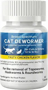 Broad Spectrum Dewormer for Cats and Kittens  Praziquantel and Pyrantel Pamoate Tablets  Removes Tapeworm, Roundworm & Hookworm  Fast Acting Formula (50 Tablets)