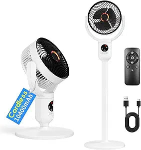 Lepwings Rechargeable Pedestal Fan, Cordless Portable Fan with 10400mAh Battery, Soft Night Light, Adjustable Height, 5 Speeds, 9H Timer Quiet Oscillating Fan with Remote for Bedroom, Home, Patio