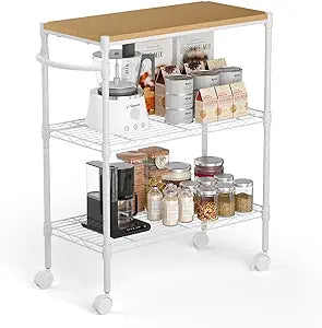 Whitmor 3 Tier Rolling Kitchen Cart,27.6"x10"x21.7Heavy Duty Metal Storage Cart with Wheels, Adjustable Shelves, Lockable Utility Cart with Wood Top & Portable Handle for Indoor & Outdoor Use, White