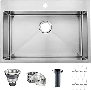 VAPSINT 28x18 Inch Drop in Kitchen Sink, 28 Inch Top Mount 16 Gauge Commercial T304 Stainless Steel Kitchen Sink, 9 Inch Deep Handmade Single Bowl Basin for Laundry Utility Wet Prep Sink, Fregadero