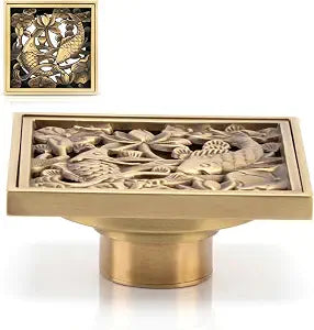 Square Shower Floor Drain, Grid Shower Drain Hair Catcher, Antique Brass Art Carved with Removable Grate Cover for Hotel Home (Like a Fish in Water)