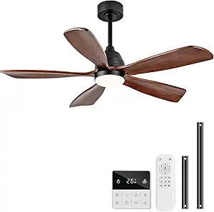 48 Inch Ceiling Fans with Lights and Remote, 5 Blades, Wood Ceiling Fan with Light, Dimmable, Wall Switch, Reversible DC Motor, Modern Indoor Outdoor Ceiling Fan for Patio Office Dining Room