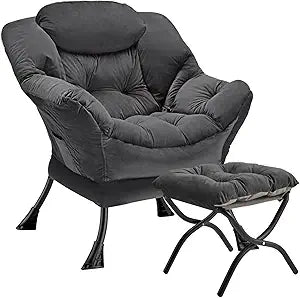 Lazy Chair with Folding Ottoman Modern Large Accent Chair,Contemporary Lounge Leisure Sofa Chair with Armrests Upholstered Sofa Armchair Reading Chair for Bedroom,Dorm & Office (Dark Grey-f)