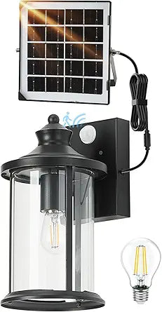 OKELI Porch Lights Outdoor Dusk to Dawn Motion Sensor Solar Wall Lantern Separate Panel & Battery Replaceable Exterior Waterproof Wall Sconce Lighting Lamp (Black B, 1 Pack)