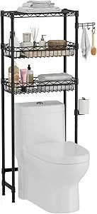 Golpart 3-Tier Over-The-Toilet Storage Shelf,Heavy-Duty Adjustable Bathroom Rack with 2 Mesh Baskets,Toilet Paper Holder & Hooks,Space-Saving Organizer for Bathroom,10D x 24W x 66H,Black