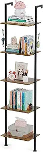Aduanbang 5-Tier Ladder Shelf, Wall Mounted Wooden Bookshelf with Metal Frame, Vintage Leaning Storage Rack for Living Room, Bedroom, Home Office  Rustic Brown Open Display Shelves