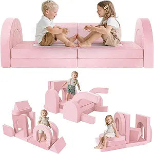 Kids Modular Play Sofa Convertible Foam Play Mat, Transformable Into a Game Rock Box, Enhances Children's Creativity, Perfect for DIY Creative Games for Boys and Girls (Pink)