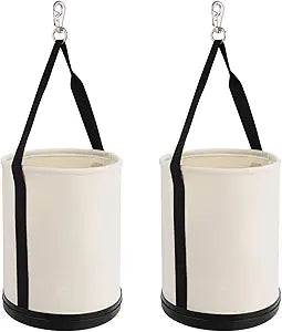 2 Pack Utility Canvas Tool Bucket 15" x 12" All Purpose Canvas Bag,Oval Truck Tool Organizer with Plastic Bottom Metal Hook for Industrial Maintenance Construction Sits