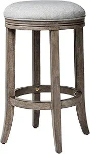 Maven Lane Eva Counter Stool 26 Inches  Round Swivel Stool with Footrest  Grey Solid Wood and Grey Fabric Upholstery  Perfect for Kitchen Islands and Counters