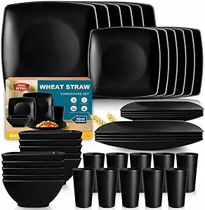 Teivio 40-piece Plastic Wheat Straw Square Dinnerware Set,Service for10, Unbreakable Dinner Plates, Salad Plates, Snack Bowls, Tumblers 13.5 oz, Dishwasher Safe, Kitchen Outdoor Camping Dish, Black