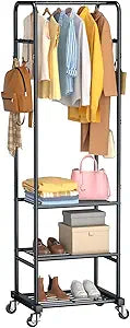 Clothes Rack with Wheels, Freestanding Garment Rack with 3 Metal Shelves for Hanging Clothes, Portable Hanging Rod for Small Room, Bedroom, Bathroom (Black)