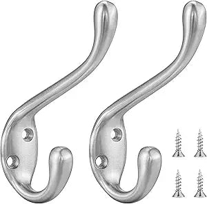 Coat Hooks 10 Pack - Heavy Duty Wall Mounted Brushed Nickel Double Hooks for Hanging Clothes/Towels - Sturdiness Design with Better Mounting System