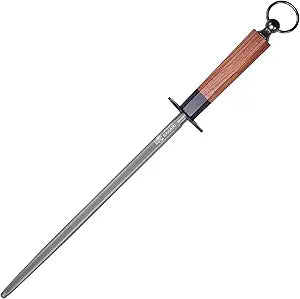 MITSUMOTO SAKARI 12 inch Honing Steel Rod - Round Knife Sharpening Rod, Diamond-Coated High Carbon Steel with Rosewood Handle for Kitchen & Chef Knives