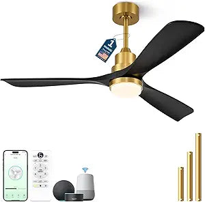 60 inch Smart Ceiling Fan with Lights,Outdoor Ceiling Fan 3 Wood Blades Compatible with Alexa/Gg Voice Control&App&Remote,Quiet DC Motor for Covered Patio Porch Bedroom,Black and Gold