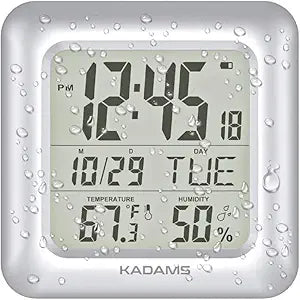 KADAMS Bathroom Clock 9.5" Kitchen Wall Clock with Large LCD Screen  Shower Clock with Suction Cup,Temperature, Humidity, Calendar  Water-Resistant, 4 Mounting Options, Silver