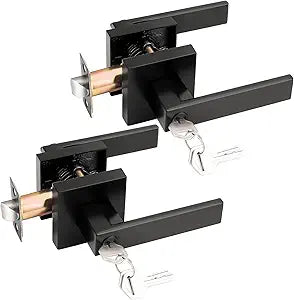 Probrico Entry Door Levers Matte Black with Different Keys, Heavy Duty Hardware for Exterior Front and Back Door,Lockable, Keyed Entrance Lock,Universal Handling,Transitional Style, 2 Pack