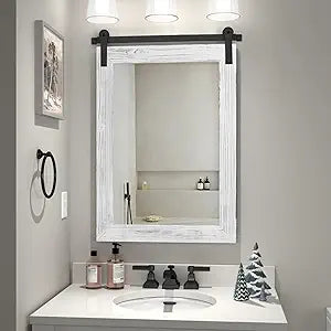 COGOOD Farmhouse Bathroom Mirror - 30 x 21 Rustic Wood Framed Wall Barn Door Mirror for Entryway, Living Room, Vanity Wall Decor (White)