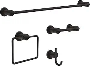 Delta 4-Piece Matte Black Bathroom Set Towel Rack, Ring, Toilet Paper Holder, Hook | Nicoli Bath Accessories