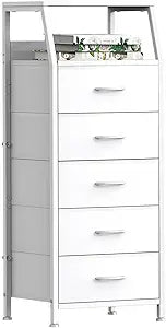 White Dresser for Bedroom, Storage Organizer with 5 Drawers, Vertical Fabric Storage Stand, Nightstand Bedside Table, Sturdy Steel Frame & Wooden Top
