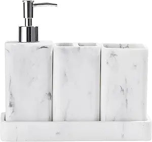YMXYJM Bathroom Accessories Set, 4 Pcs Bathroom Accessory Set, Soap Dispenser, Toothbrush Holder, Qtip Holder Set, Bathroom Sets Complete, Bathroom Sink Set for Modern Home Decor, White