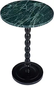 Small Marble Side Table, Round End Table with Faux Marble Top and Solid Wood Legs, Modern Accent Table for Living Room, Bedroom, Small Spaces and Office (Print Green, Big)