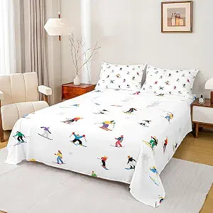 Winter Ski Sports Sheet Set Twin Size,Cartoon Skiing Skier Bedding Set 3Pcs,Snow Extreme Sports Bed Sheet for Kids Boys Girls Teens Bedroom Decor,Colorful White Fitted + Flat Sheet,1 Pillowcase