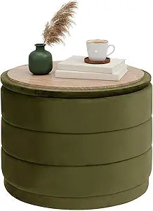 B FSOBEIIALEO Round Velvet Storage Ottoman with Tray, Folding Ottoman with Storage Coffee Table Foot Rest for Dorm Room, Living Room Olive, 22.83"x22.83"x17.32"