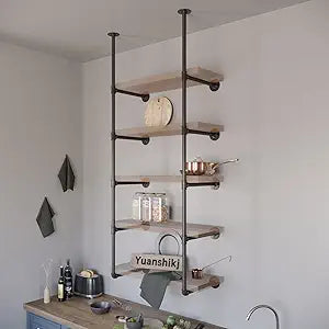 Yuanshikj 2Pc (70" Tall 12" deep 3/4") Industrial Wall Mount Iron Pipe Shelf Shelves Shelving Bracket Vintage Retro Black DIY Open Bookshelf Storage Home Kitchen (2 Pcs 5Tier Hardware only)