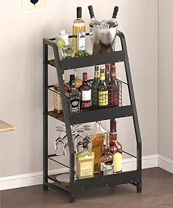 3-Tier Liquor Stand for Home Bar, Trapezoid Freestanding Whisky Bottle Holder with Fences, Stepped Versatile Liquor Bottle Display Shelf, Corner Floor Bar Stand for Liquor Storage, Black