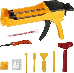 Double Caulking Gun,Dual Epoxy Gun for 400 mL(13.5 fl oz,1:1 Mix Ratio),Manual Dual Component Adhesive Applicator with 9 Pieces Caulk Tools,Yellow