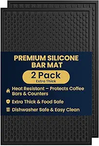 AXIESO 2 Pack Silicone Bar Mat - 1/2 Inch Thick Heat-Resistant and Food Safe Drip Mat - Spill Mats for Counter Top - Kitchen Service Mat, Coffee Bar, Restaurant - Drying Mat - 18 x 12 Inches