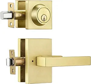 Gold Exterior Door Lock Set with Deadbolt,Sain Brass Door Handle with Lock,Heavy Duty Front Door Lock