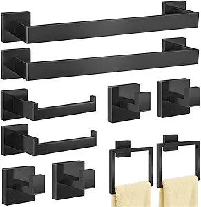 Bathroom Hardware Accessories Set, 10 Piece Matte Black Towel Bar Set Stainless Steel, Towel Racks for Bathroom Wall Mounted Towel Holder Set, 16 inch
