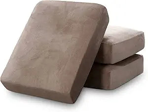 PrinceDeco Velvet Stretch Couch Cushion Cover Soft Cushion Slipcover for Chair Loveseat Sofa Furniture Protector Seat Cushion Sofa Cover (Each Width Up to 29.5", Taupe)