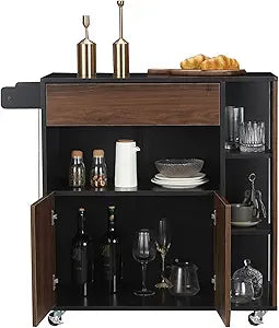 JOMEED Kitchen Countertop Island Cabinet Rolling Cart with Storage Drawers and Towel Rack, for Home, Dining Room, and Living Room, Black/Brown