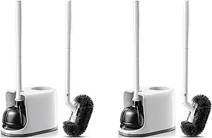 HAMITOR Toilet Plunger and Brush Set for Bathroom Cleaning with Extented Handle - Heavy Duty Toilet Plunger Combo Accessories with Caddy Stand Holder for Small Space - White,2 Sets