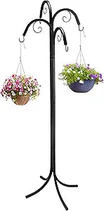 4 Way Scroll Basket Hanger Plant Hook, Black Shepherds Hook for Outdoor Heavy Duty, Garden Hanging Plant Stand for Hanging Baskets for Outdoor & Indoor Use, 72 Inch
