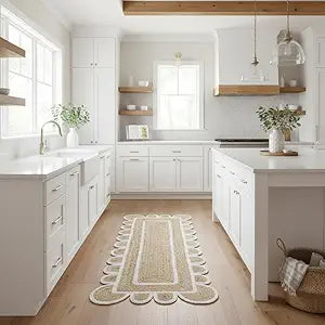 Jute Runner Rug 2x6 ft with Scalloped Border  Boho Farmhouse Entryway Kitchen Hallway Rug, Handwoven Natural Fiber Rug, Rustic Floor Carpet for Living Room Bedroom