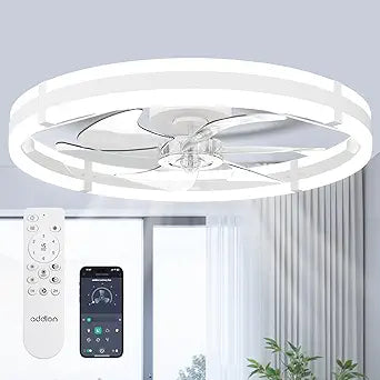 addlon 24'' Ceiling Fans with Lights and Remote, Low Profile Flush Mount Ceiling Fan with Light, 3000-6000K Dimmable LED Fandelier, Modern Small White Ceiling Fan for Bedroom, Kitchen, Living Room