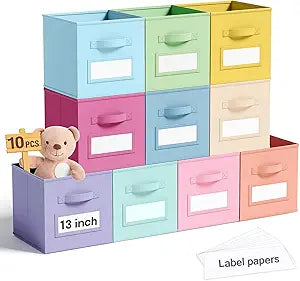 Teenyyou 10 Pack Fabric Storage Cubes 13 Inch Collapsible Cube Bins with Label Window & Handle Foldable Organizers Baskets for Shelf Closet Nursery Kids Room Clothes Book Toy(Macaroon)
