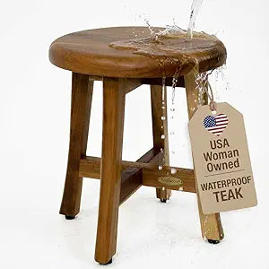 EcoDecors Shoji 12 Inch Round Waterproof Teak Wood Shower Bench Stool Seat Chair For Inside Shower Provides Safety, Storage, and Organization For Bathroom Accessories