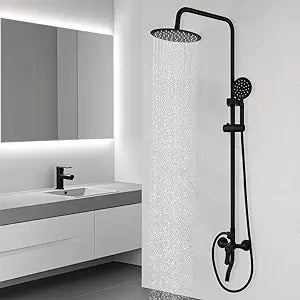 Exposed Shower System 8 Inch Rainfall Shower Head Matte Black Outdoor Shower Fixture 3 Function Stainless Steel Wall Mount Shower Faucet Set with Handheld Sprayer and Tub Spout