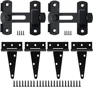 Barn Gate Latch Hardware Kit,2 Latch+4 Hinges,Stainless Steel Black