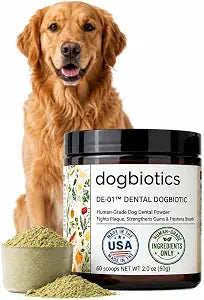 Dogbiotics DE-01 Dog Dental Powder - Clinically Studied Oral Postbiotic for Plaque, Tartar & Gum Support, Targets Bad Breath - Human-Grade Ingredients, Made in USA, No Brushing - 60 Scoops (2oz / 60g)