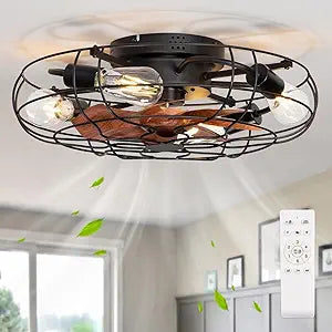 SHLUCE 20" Farmhouse Caged Ceiling Fan with Light Flush Mount, Rustic Low Profile Ceiling Fans with Lights and Remote, Small Bladeless Ceiling Fan with Light for Bedroom, Kitchen, Black