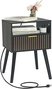 Black Nightstand with Charging Station, Mid Century Modern Bedside Table with Open Shelf and Storage Drawer, End Table with Solid Wood Legs, Black