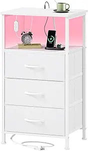 Somdot White Nightstand with Charging Station and LED Light for Bedroom, Tall 3 Drawers Dresser with Fabric Bins for Bedside Kids Dorm Room Closet Laundry Entryway, White Leather