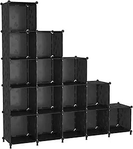 UNKU Cube Storage Organizer, 16 Cube Closet Organizer Storage Shelves, DIY Stackable Bookcase, Clothes Organizer Shelf for Closet, Bedroom, Living Room, Cabinet, Home, Office, Black