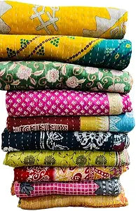 Marubhumi Indian Cotton Quilt Vintage Bedspreads, Throws, Ralli, Lot Kantha Reversible Bedcover Bedspread Throw Cotton Blanket Gudari -Single Pieces, Twin Assorted Color (10)